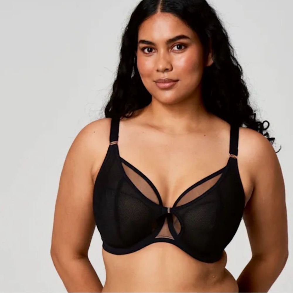 Elomi Kintai Plunge Bra Size 38M Black EL162 Fishnet Mesh Underwire Layered